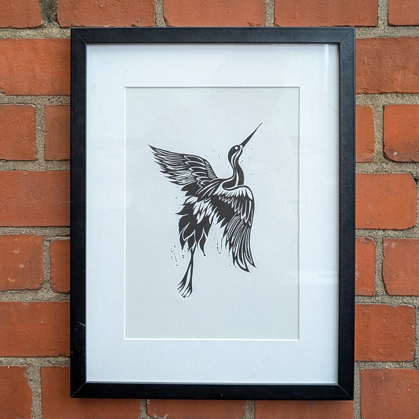linocut print, wall decor, wall art, black and white, crane
