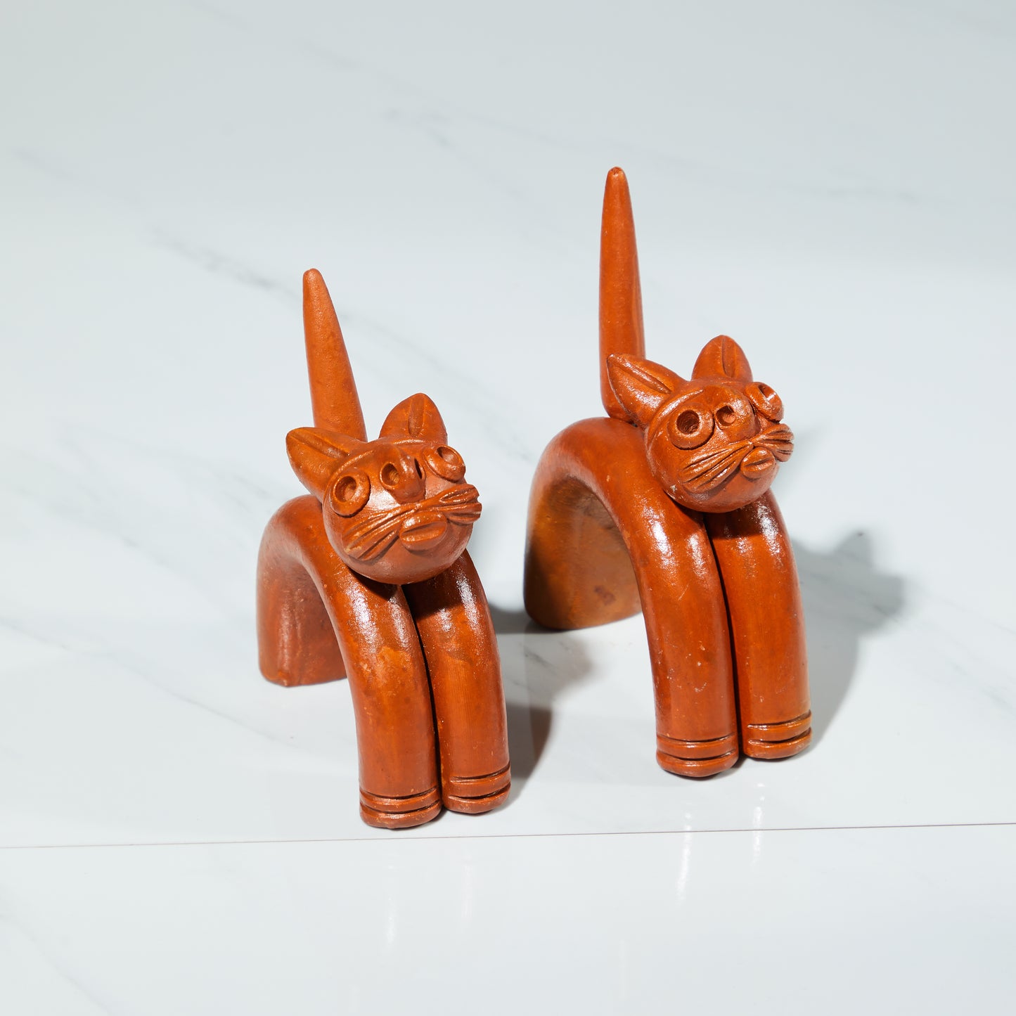 Terracotta sculpture, terracotta decor, Set of two Cats, The curious cat duo, angled view