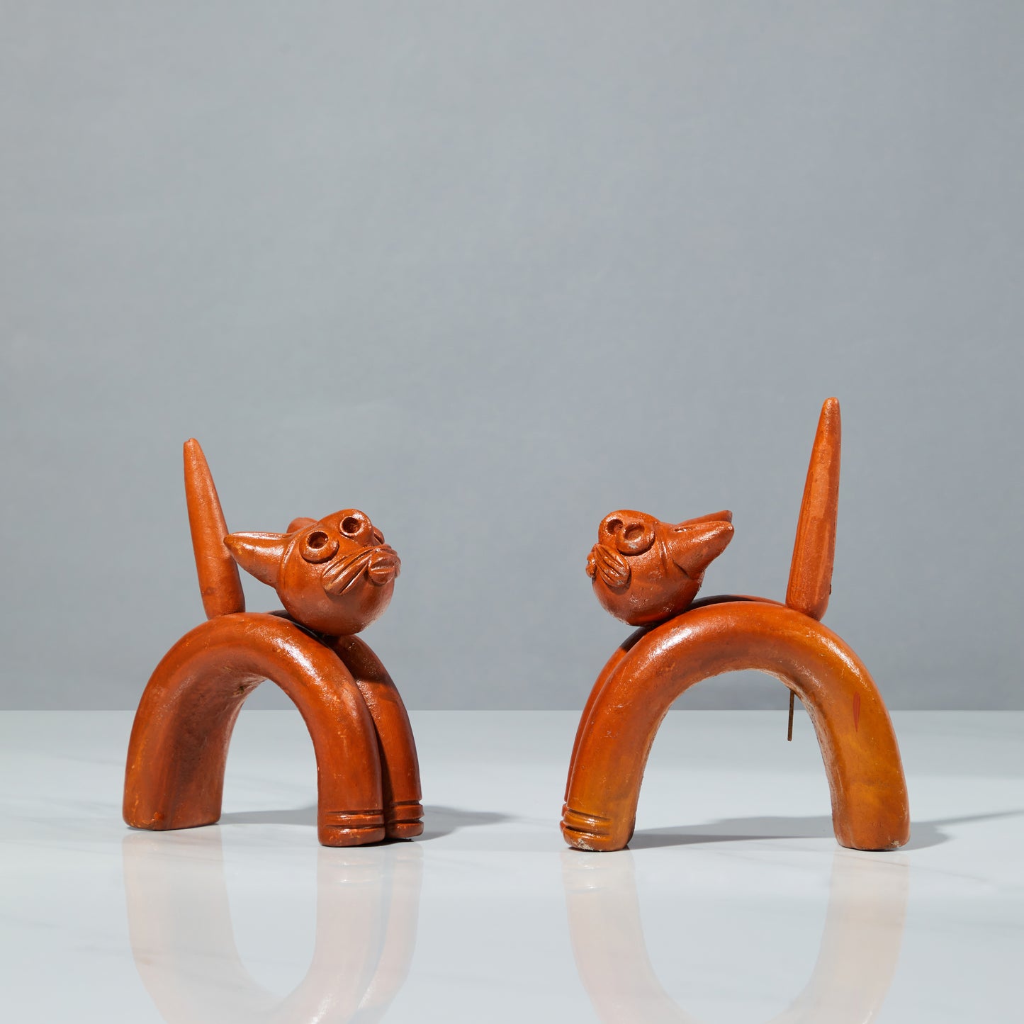 Terracotta sculpture, terracotta decor, Set of two Cats, The curious cat duo, side view