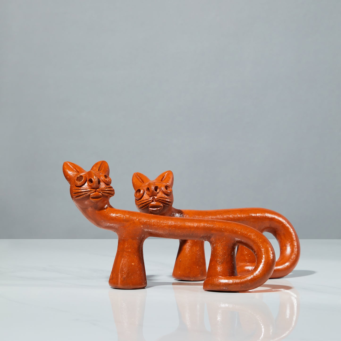 Terracotta sculpture, terracotta decor, Set of two Cats, The friendly cat duo, front view