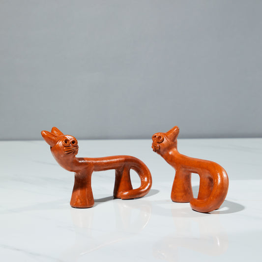 Terracotta sculpture, terracotta decor, Set of two Cats, The friendly cat duo, angled view