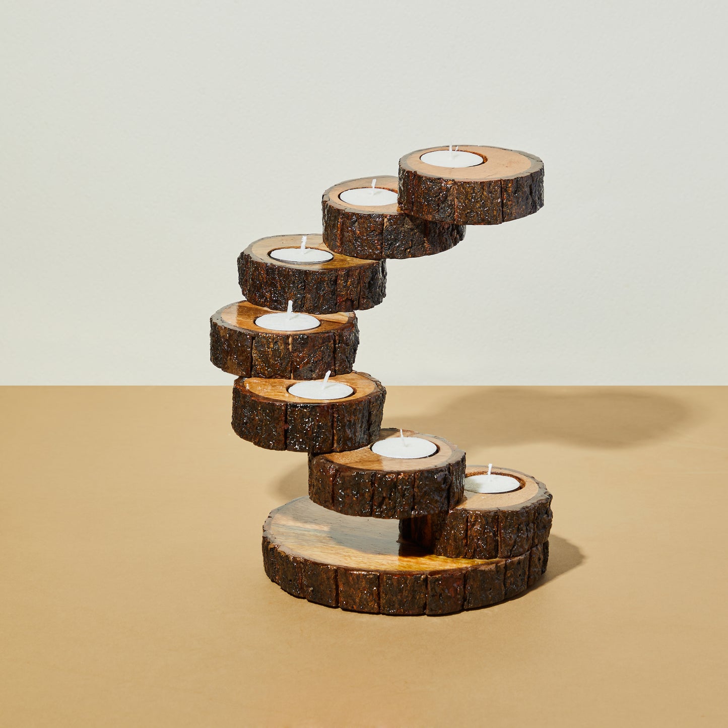 tealight holder, wooden tealight holder, 7 tealights together, tabletop showpiece, light decor, christamas decor, diwali decor, candle holder, front view