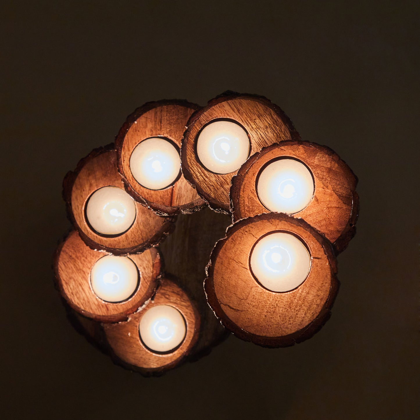 tealight holder, wooden tealight holder, 7tealights together, tabletop showpiece, light decor, christamas decor, diwali decor, candle holder, top view