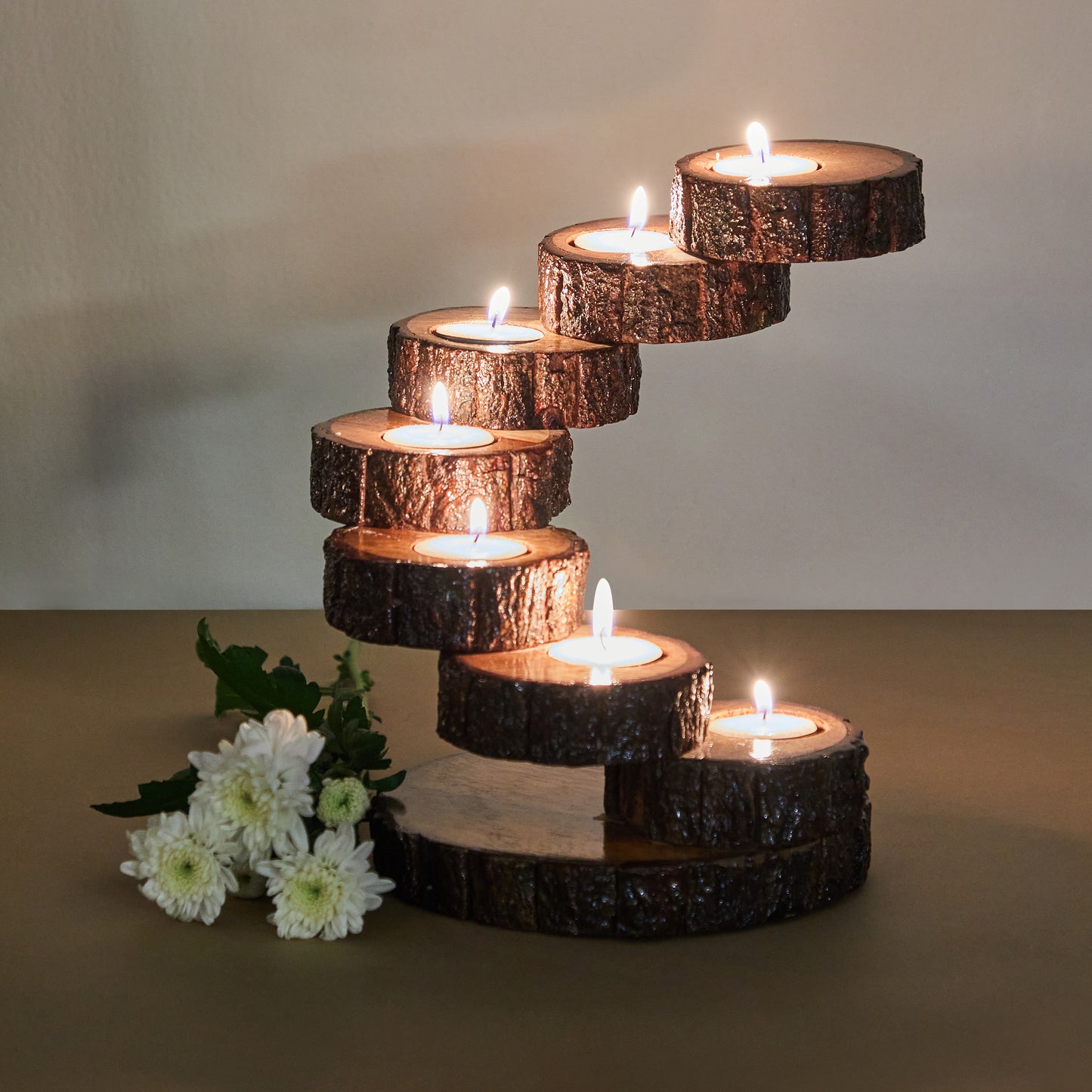 tealight holder, wooden tealight holder, 7tealights together, tabletop showpiece, light decor, christamas decor, diwali decor, candle holder, front view