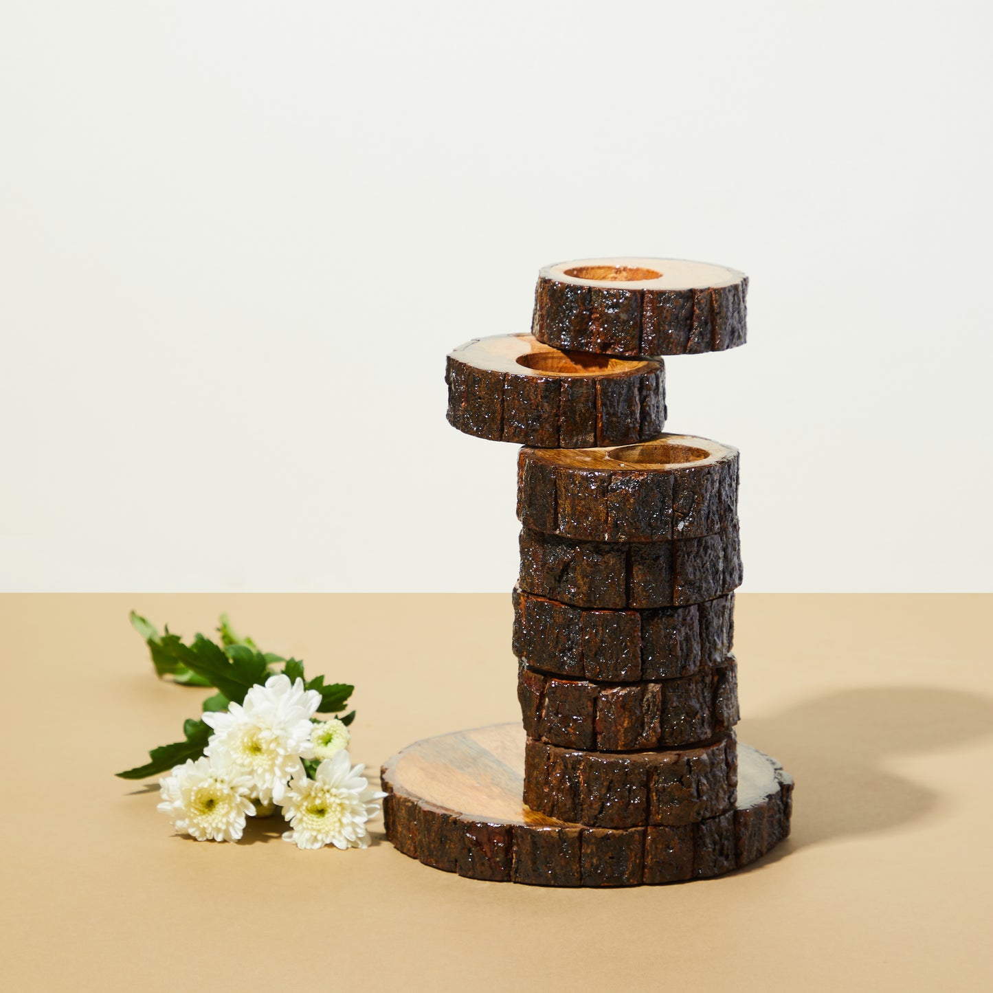tealight holder, wooden tealight holder, 7tealights together, tabletop showpiece, light decor, christamas decor, diwali decor, candle holder, front view, adjustable