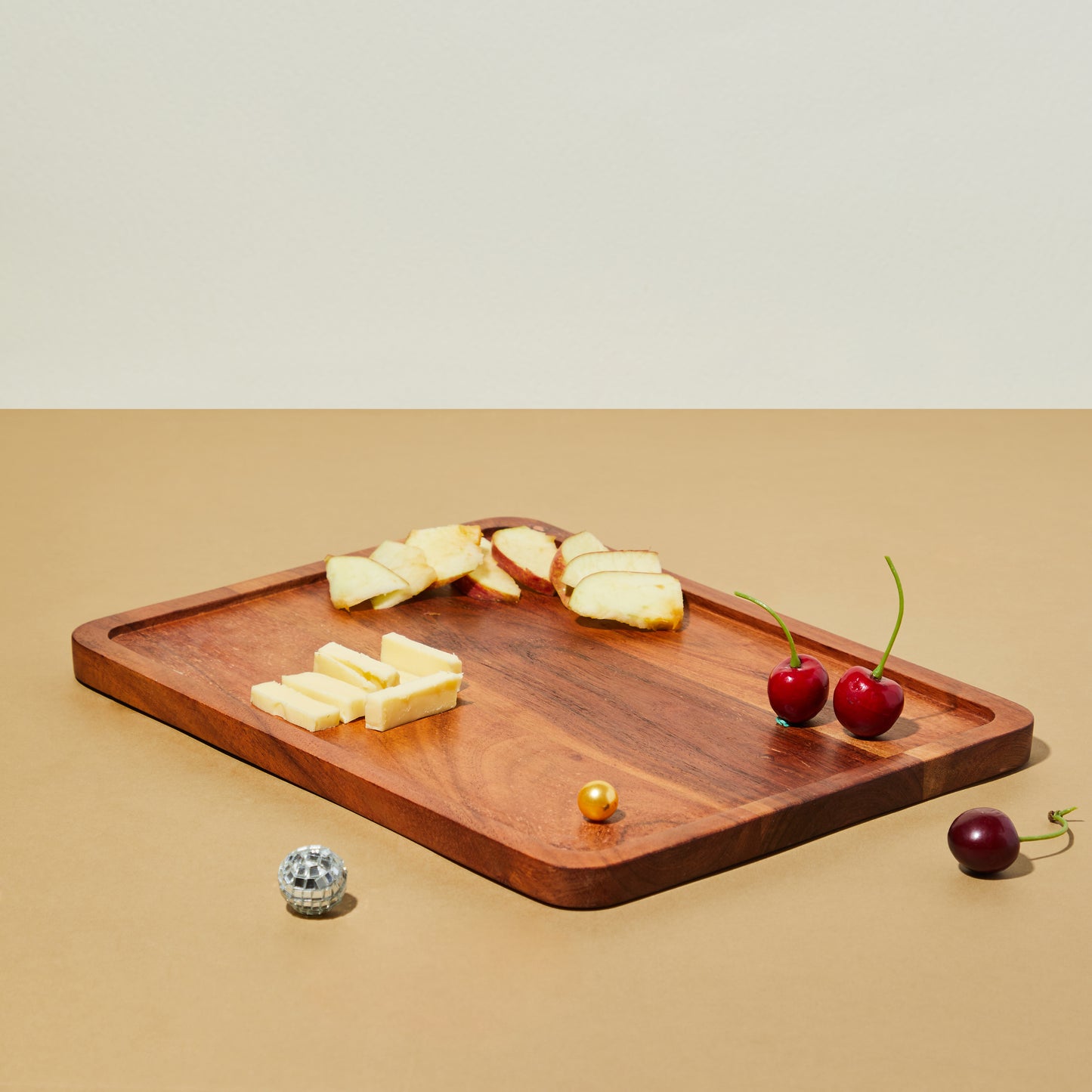 wooden cheese board, wooden tray, wooden platter, top view