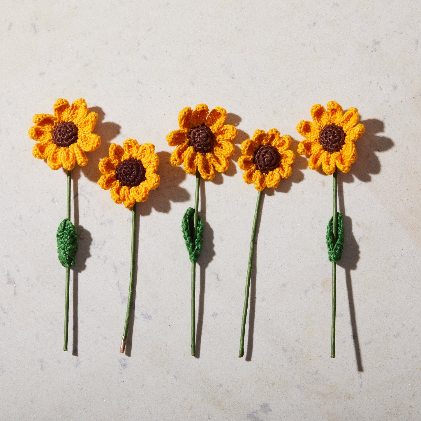 crochet flowers, crochet sunflowers, table décor, dining table decor, set of six, top view