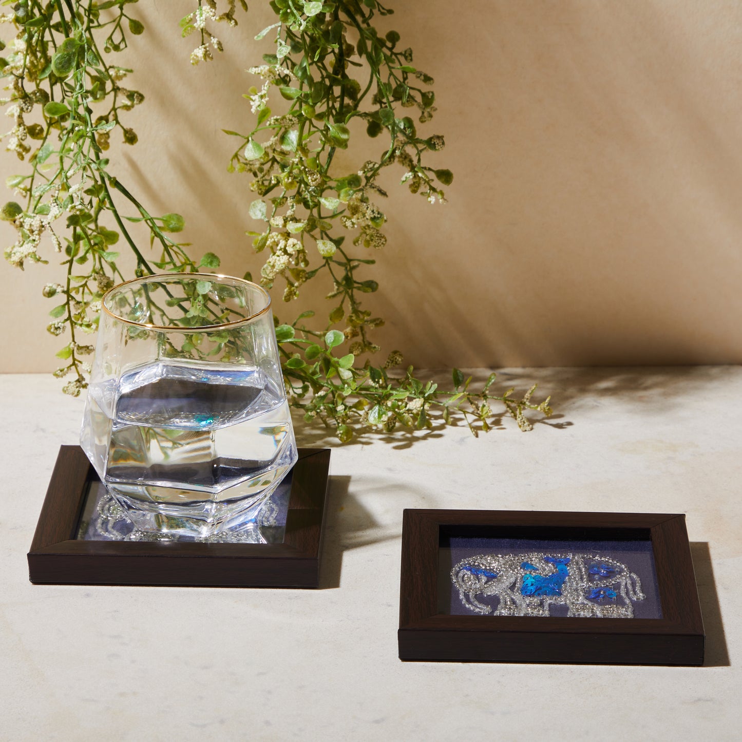 Zardozi Blue Elephant Coaster (Set of Two), coaster, side view, table top glass organiser