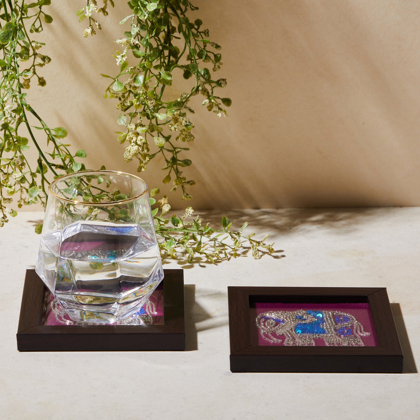 Zardozi Red Elephant Coaster (Set of Two), coaster, top view, table top glass organiser