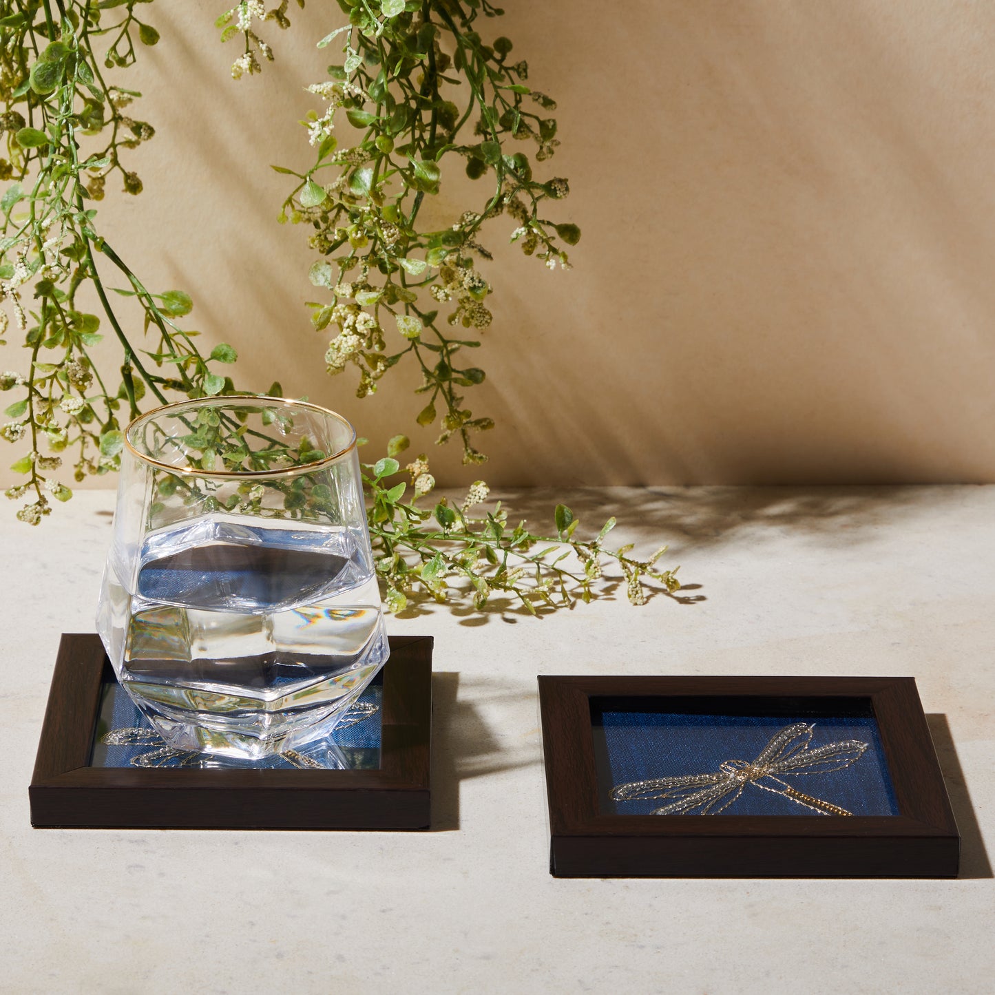 Zardozi Dragonfly Coaster (Set of Two), coaster, side view, tabletop glass organiser