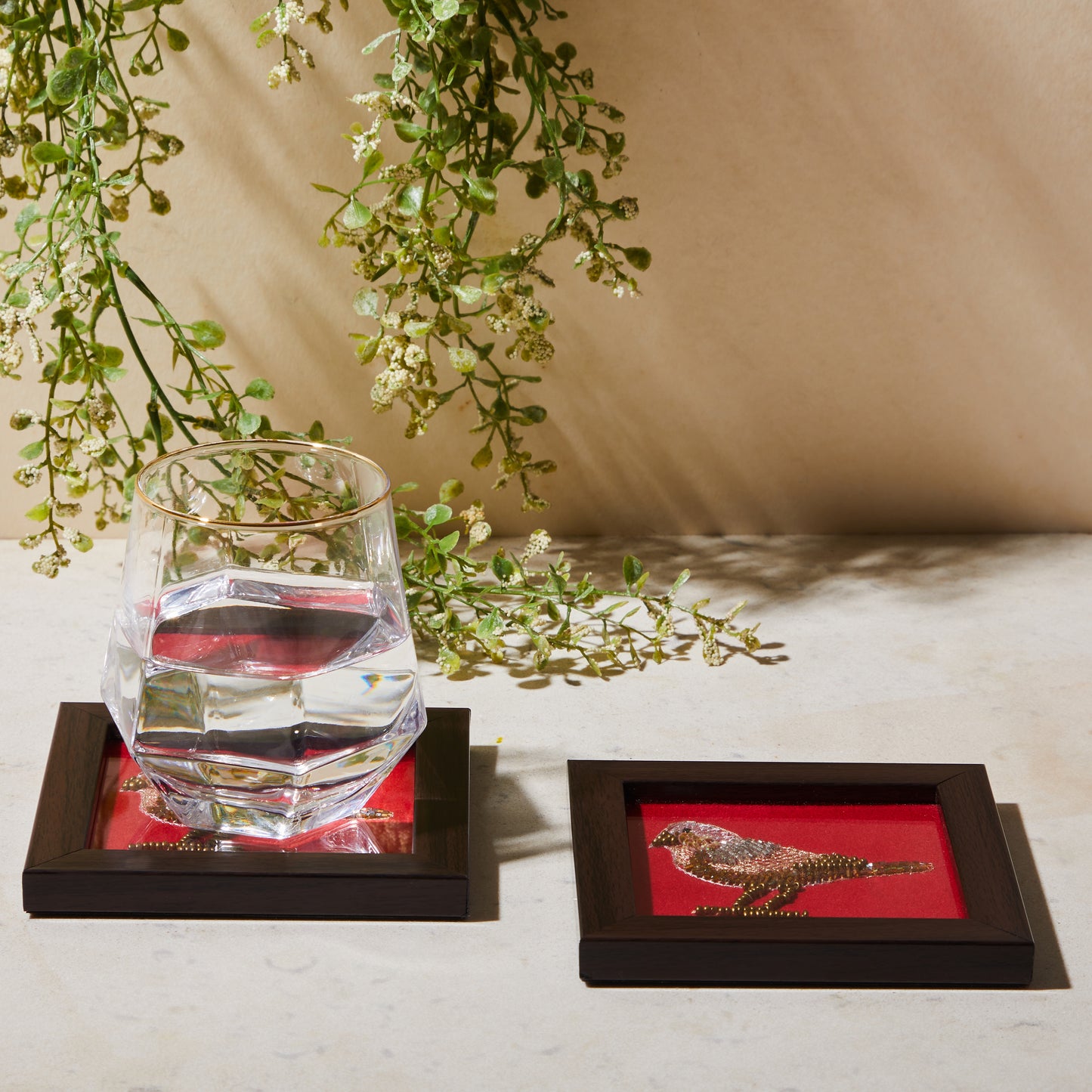 Zardozi red bird Coaster (Set of Two), coaster, side view, tabletop glass organiser