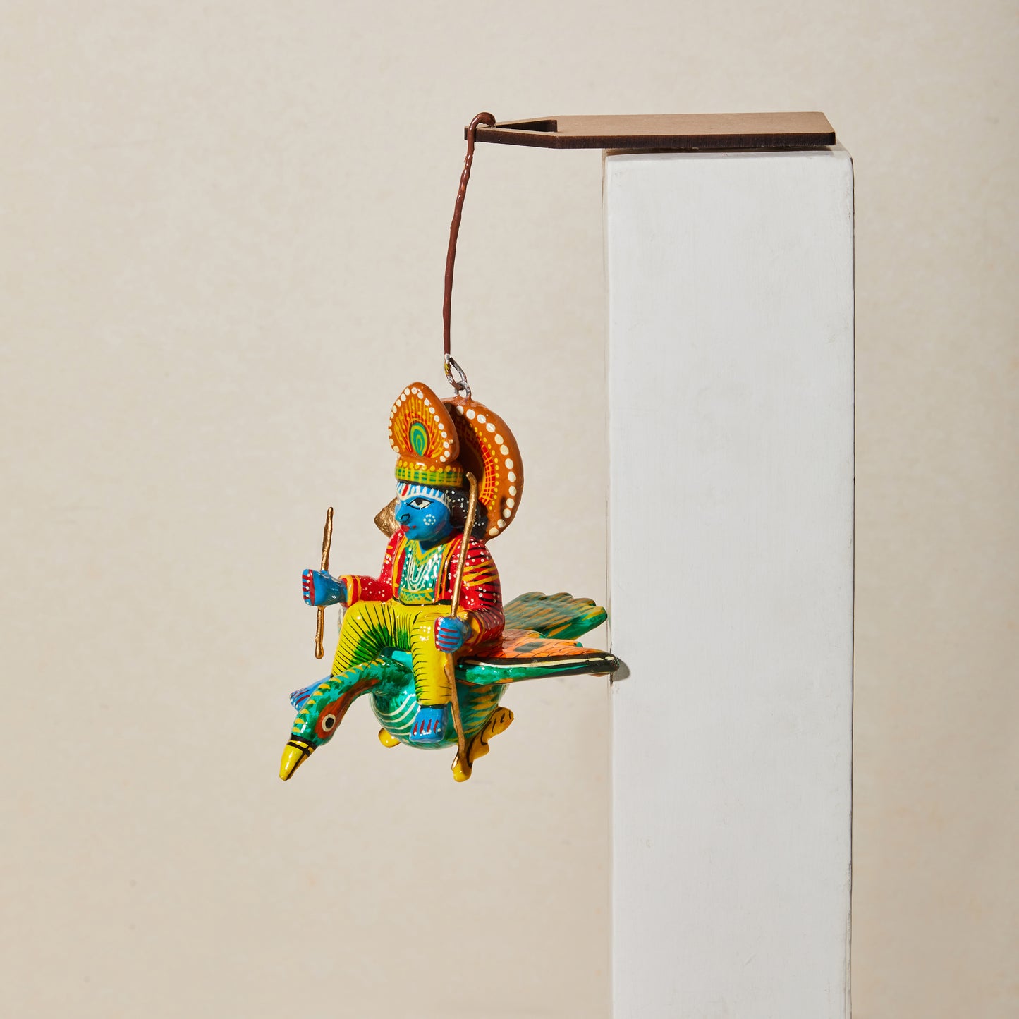 Flying Gods of Varanasi—Krishna riding on a Bird, varanasi toy, hanging god, cabinet curio, front view
