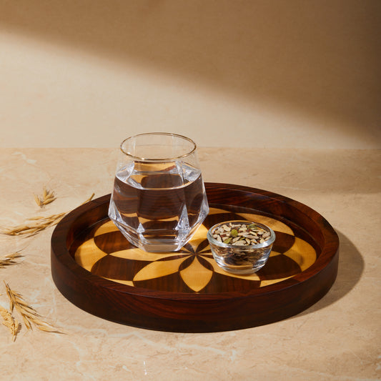 wooden inlay serving tray, kitchen tray, kitchen organiser, tabletop organiser, side view with glass and bowl