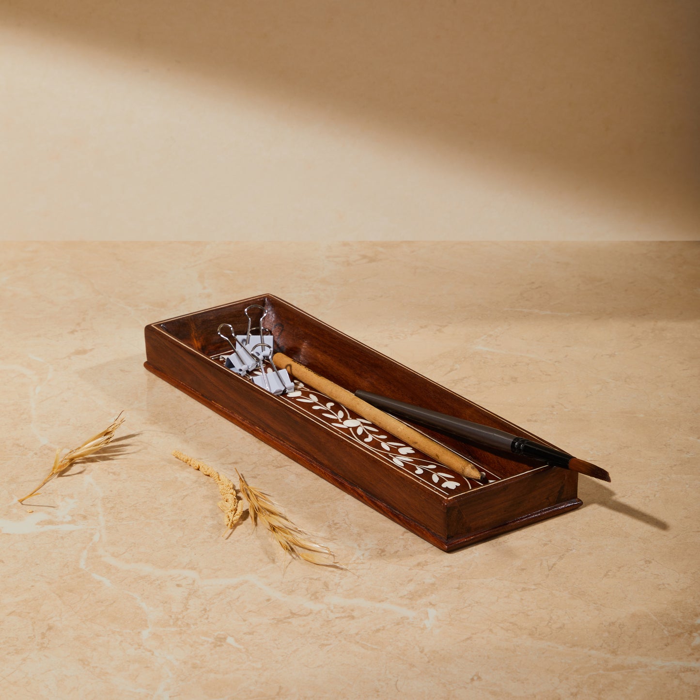 rectangle organiser, bathroom and bed side organiser, tabletop organiser, side view with pencils, wooden inlay organiser, pencil holder