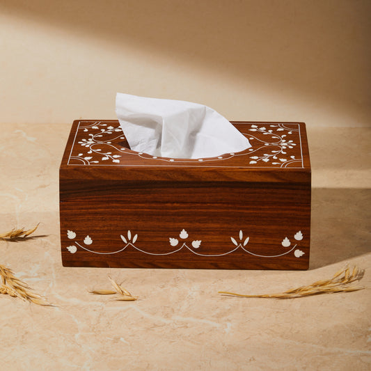 tissue box, tissue storage box, wooden inlay tissue box, tabletop organiser, tissue holder, front view
