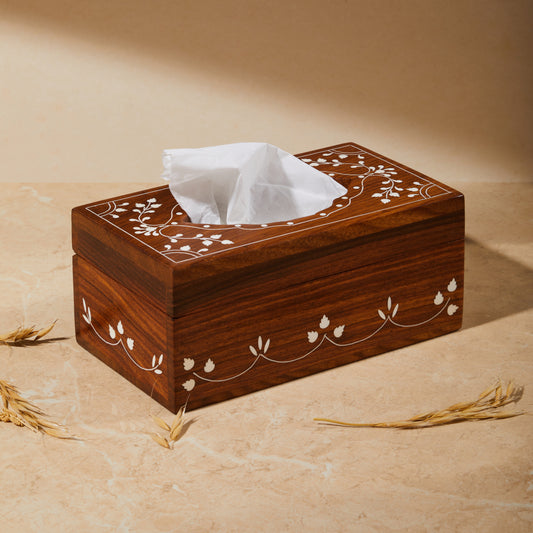 tissue box, tissue storage box, wooden inlay tissue box, tabletop organiser, tissue holder, side view