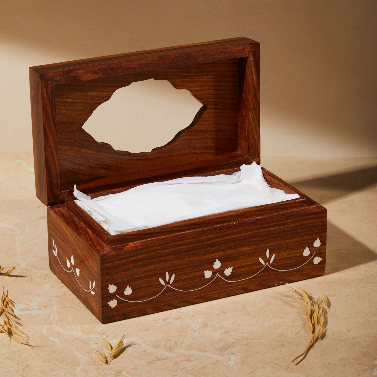 tissue box, tissue storage box, wooden inlay tissue box, tabletop organiser, tissue holder, inside view