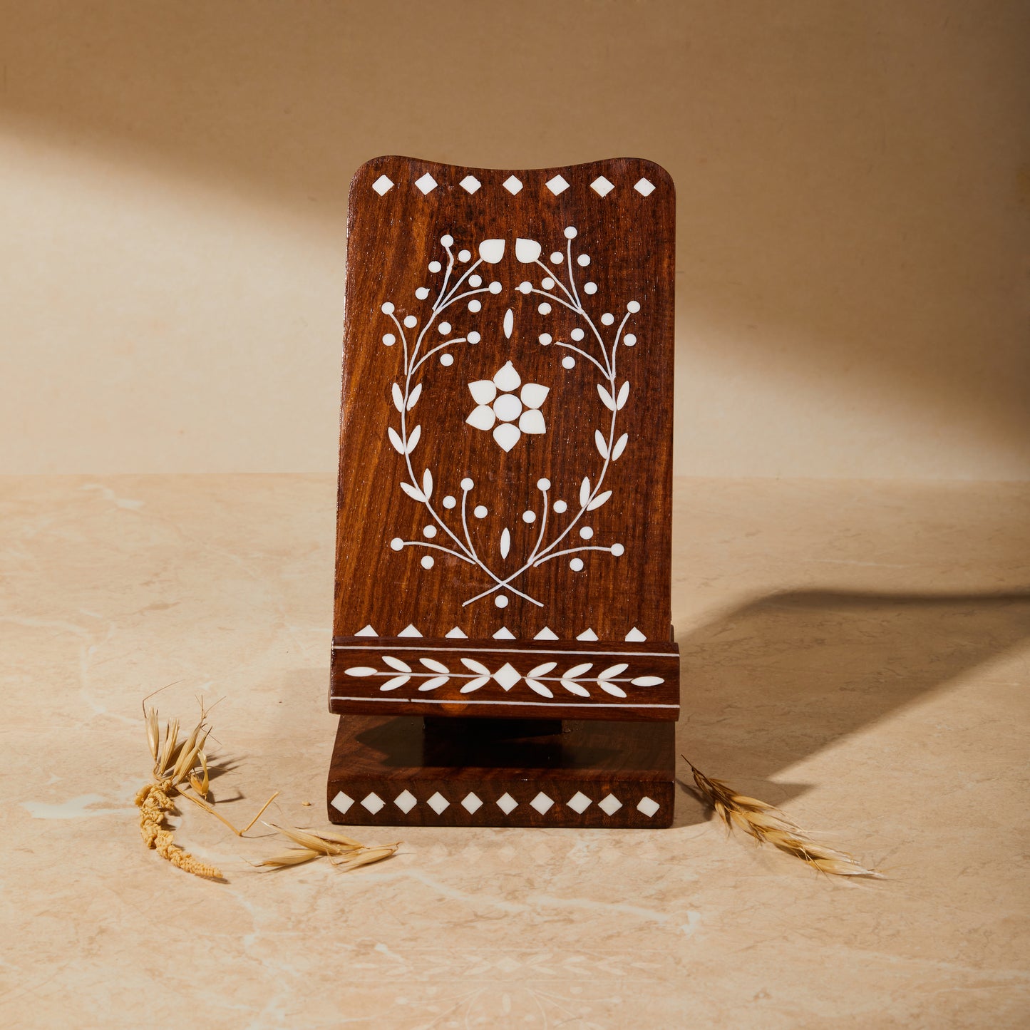 Wooden Inlay Adjustable Phone Stand with Charging Slot, phone holder, tabletop organiser, phone charging unit