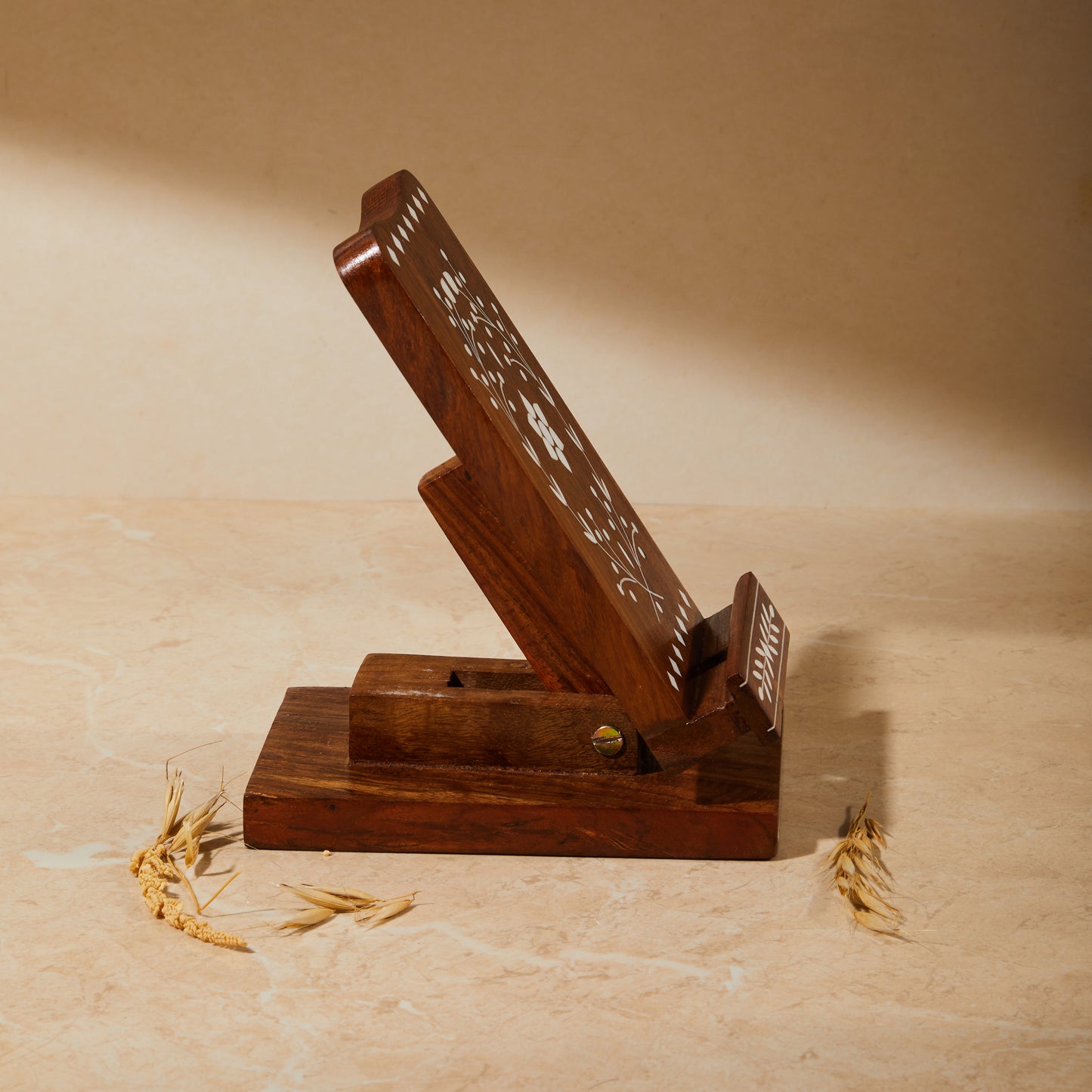 Wooden Inlay Adjustable Phone Stand with Charging Slot, phone holder, tabletop organiser, phone charging unit, side view.