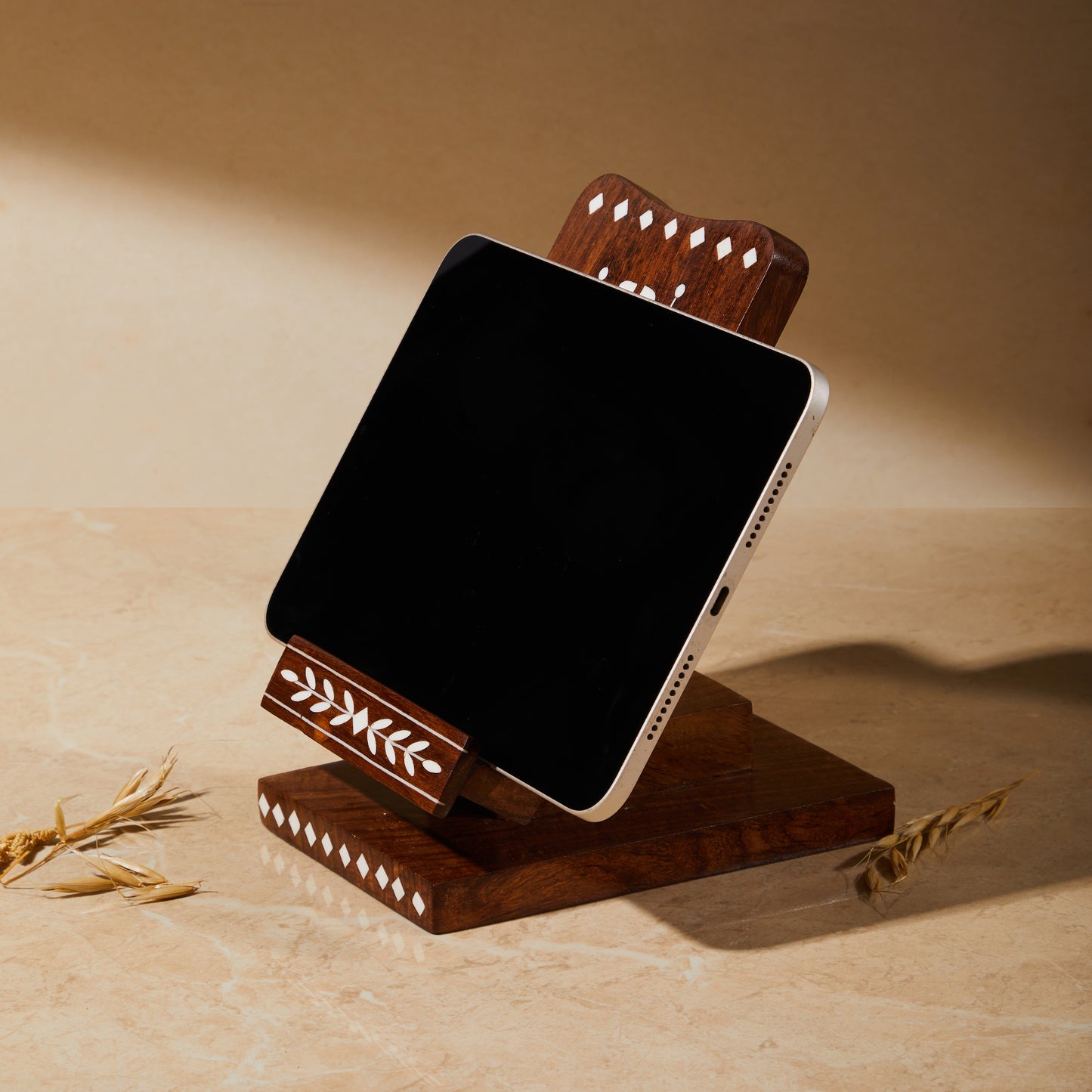 Wooden Inlay Adjustable Phone Stand with Charging Slot, phone holder, tabletop organiser, phone charging unit, side view showing tablet kept on the holder.