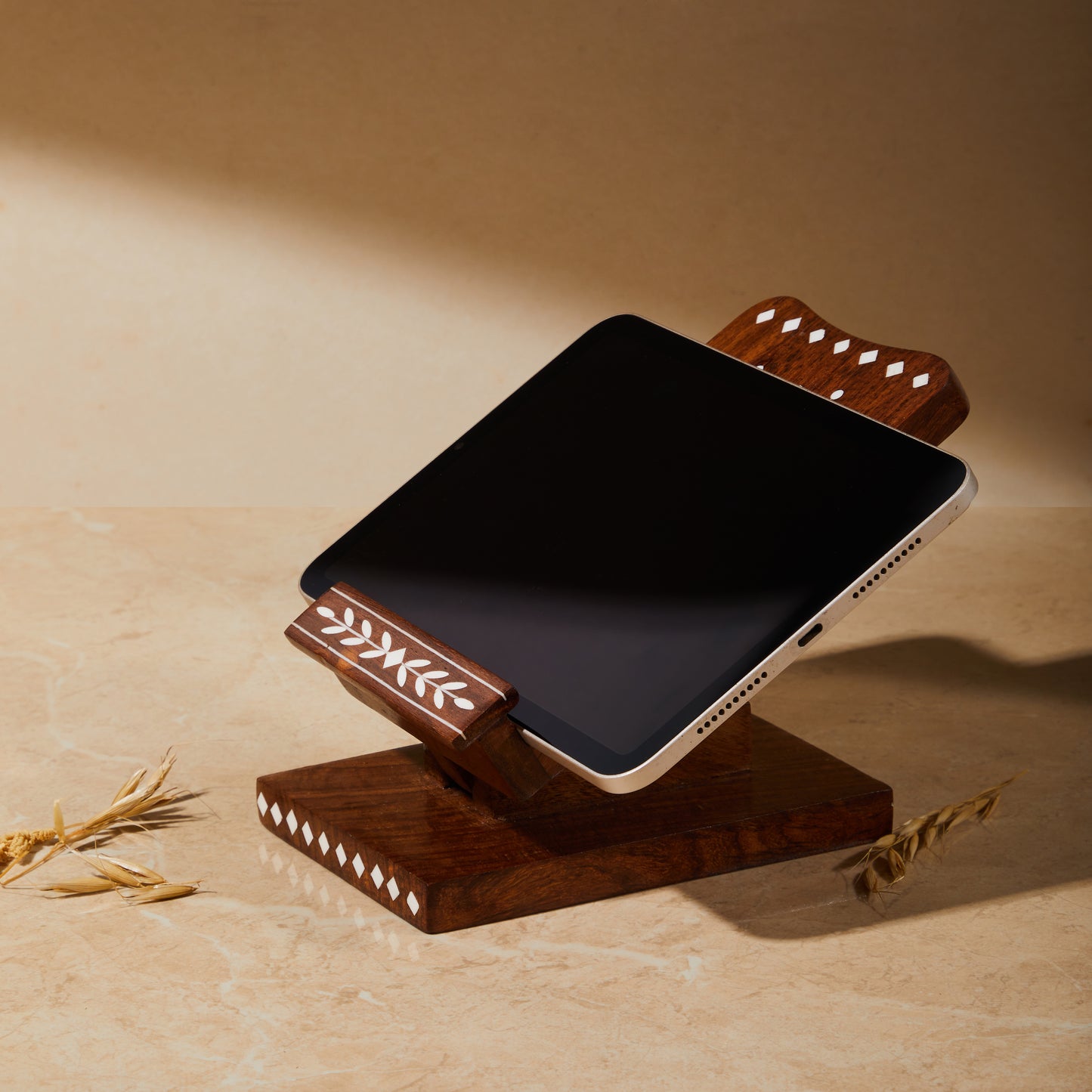 Wooden Inlay Adjustable Phone Stand with Charging Slot, phone holder, tabletop organiser, phone charging unit, side view showing tablet kept on the holder