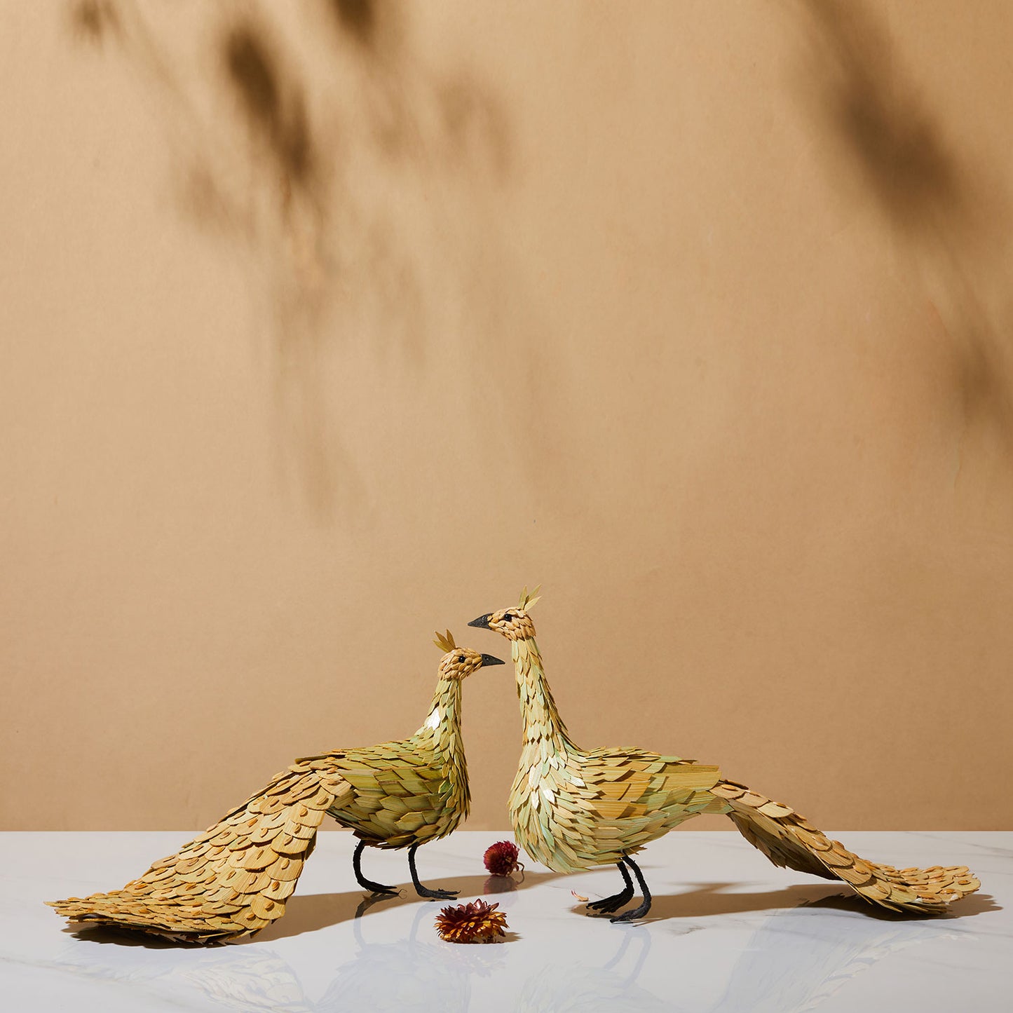 Bamboo sculpture, cabinet curio, eco friendly decor, peacock sculpture, bamboo peacock with base, side view