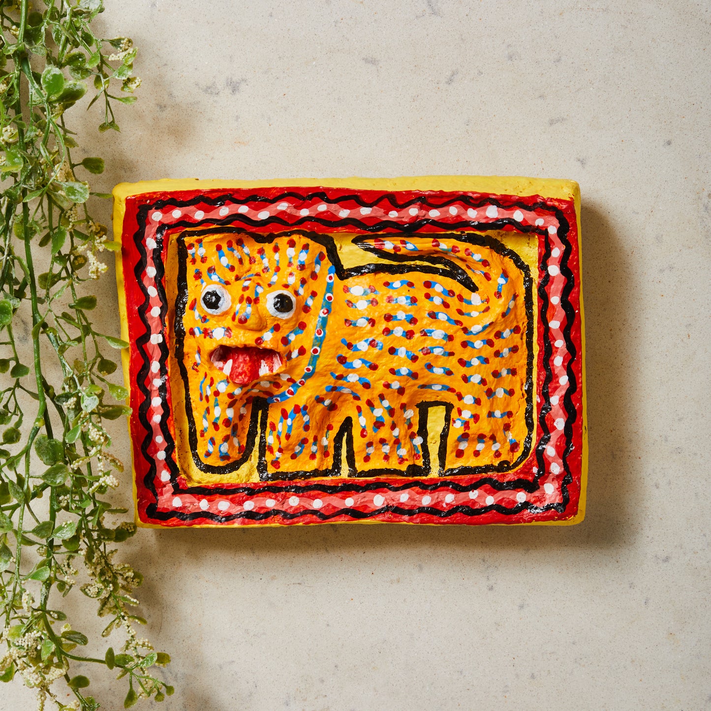 paper mache plate, front view, wall hanging, wall decor, wall sculpture, Tiger paper mache wall plate.