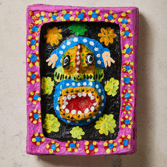 paper mache plate, front view, wall hanging, wall decor, wall sculpture, demigod paper mache wall plate