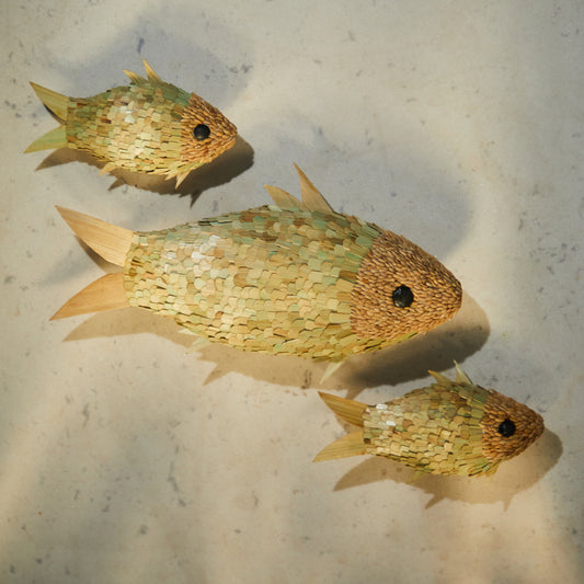 Bamboo Fish Wall Décor (Set of Three), wall decor, wall sculpture, wall hanging, front view, bamboo decor, fish decor