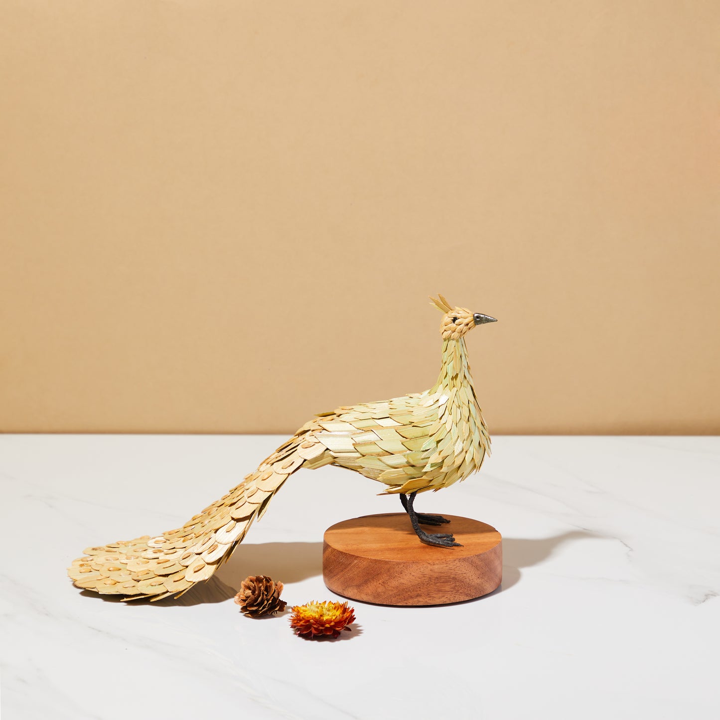Bamboo sculpture, cabinet curio, eco friendly decor, peacock sculpture, bamboo peacock with base