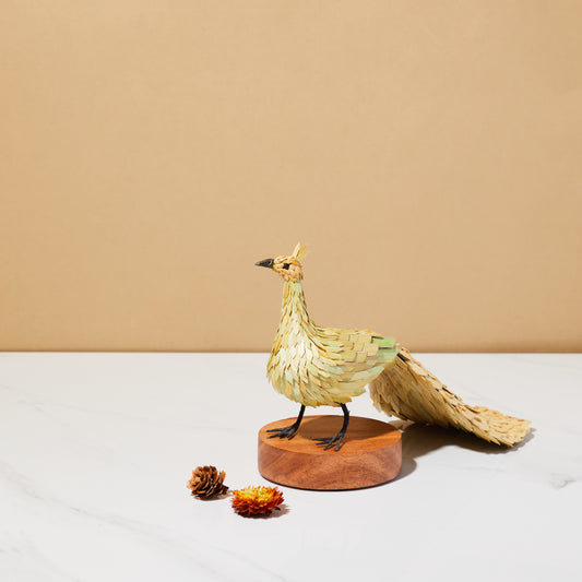 Bamboo sculpture, cabinet curio, eco friendly decor, peacock sculpture, bamboo peacock with base, side view