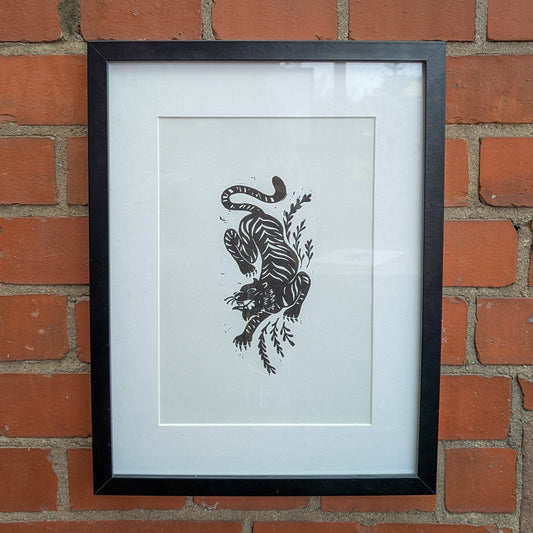 linocut print, wall decor, wall art, black and white, tiger