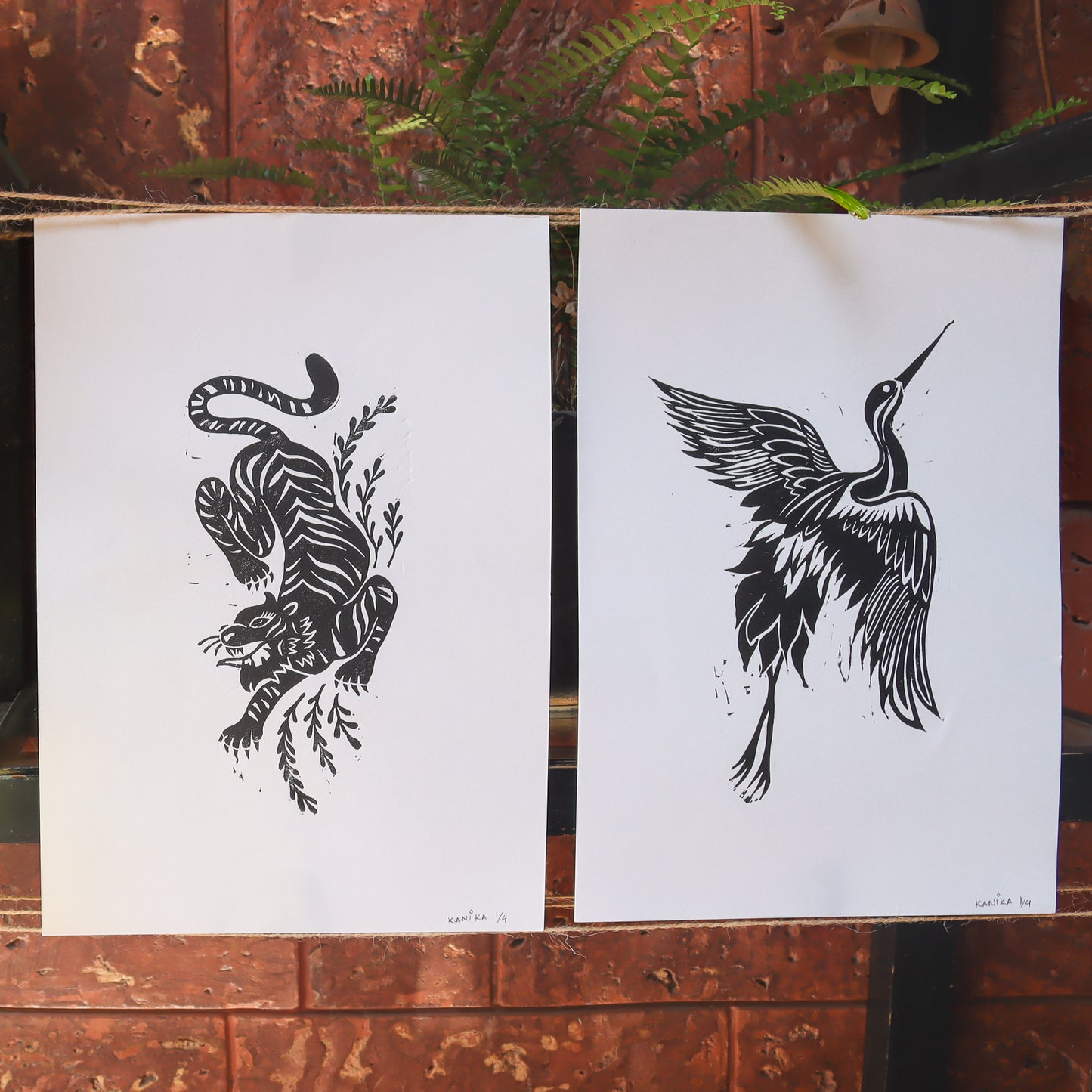 linocut print, wall decor, wall art, black and white, tiger, crane, set of two