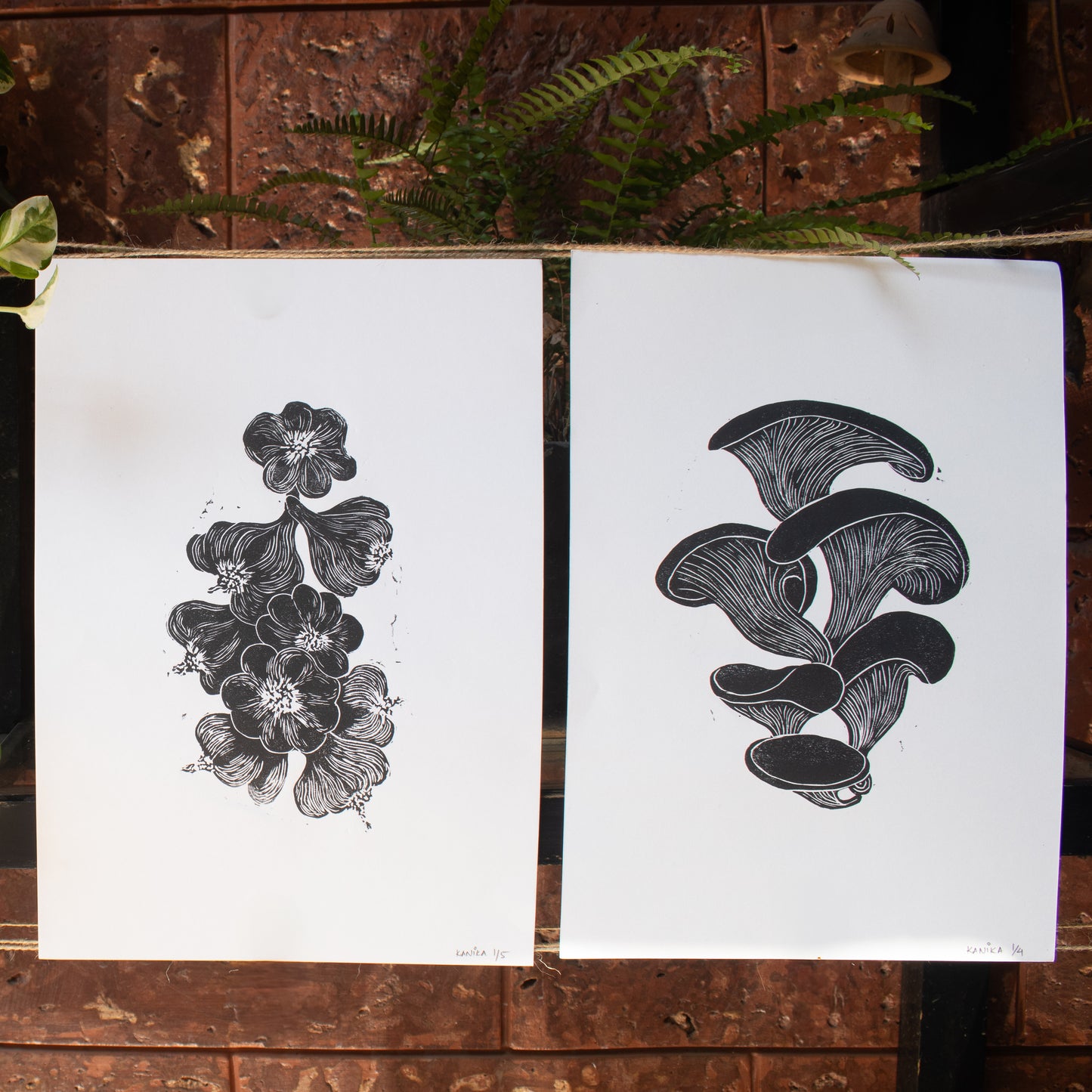 linocut print, wall decor, wall art, black and white print, garlic, kitchen decor, mushrrom