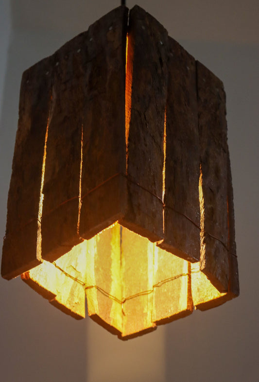 Rustic Pendant Light, wooden bark pendant light, ceiling light, corner niche hanging light, natural hanging lamp, side view - lit lamp