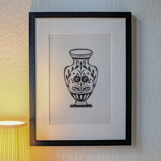 linocut print, flower pot, vase, wall decor, wall art