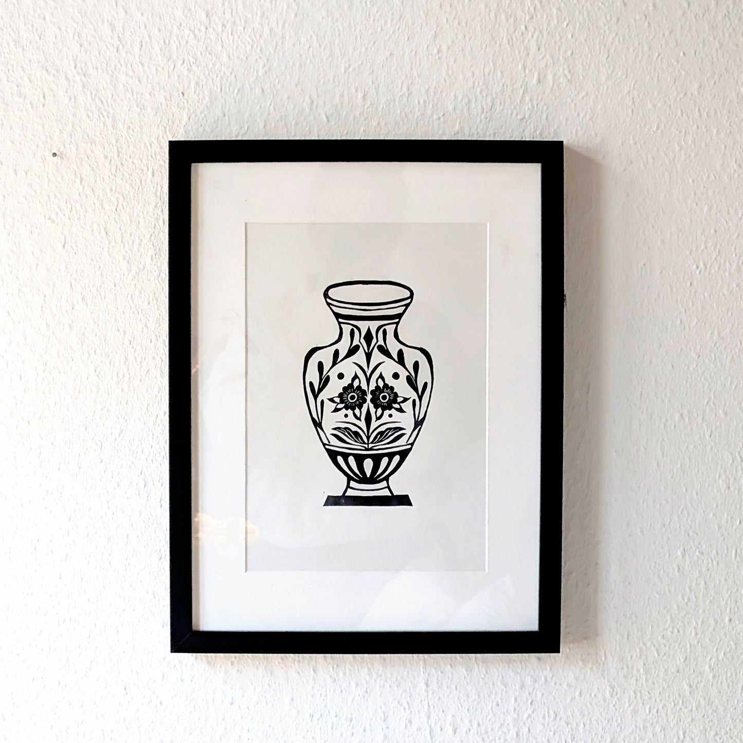 linocut print, flower pot, vase, wall decor, wall art