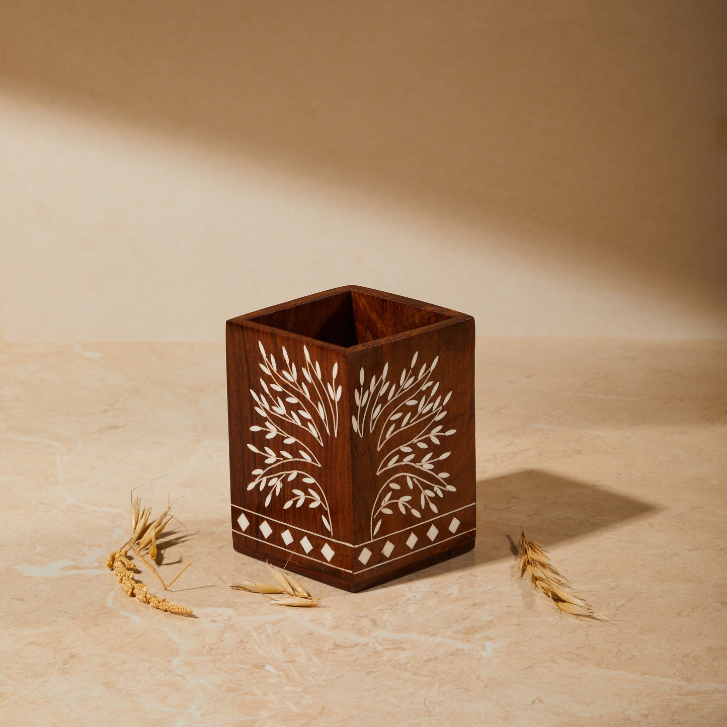 Wooden Inlay Tree of Life Pen Stand