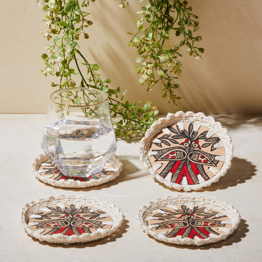 Crochet Madhubani Peacock Coaster (Set of Four)