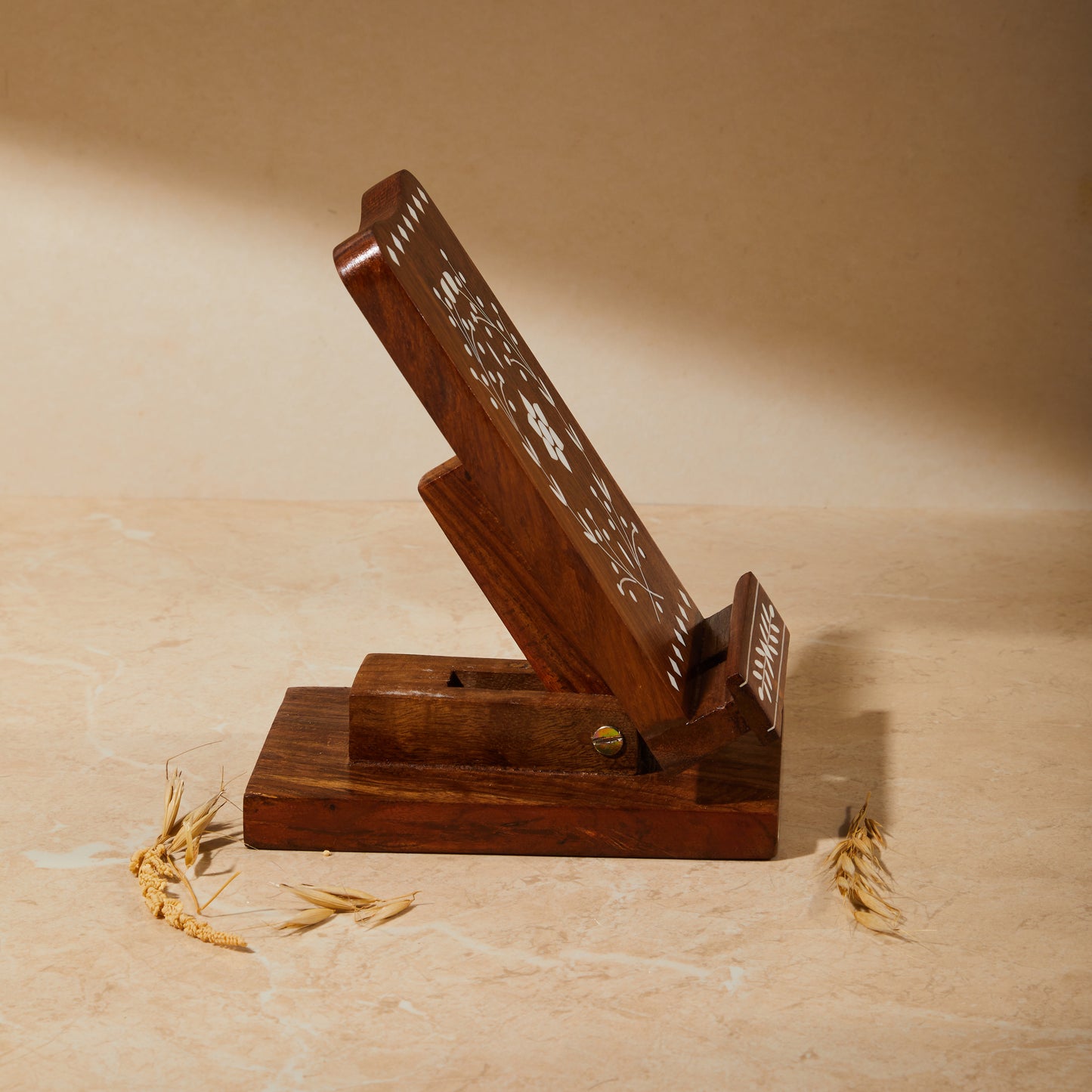 Wooden Inlay Adjustable Phone Stand with Charging Slot