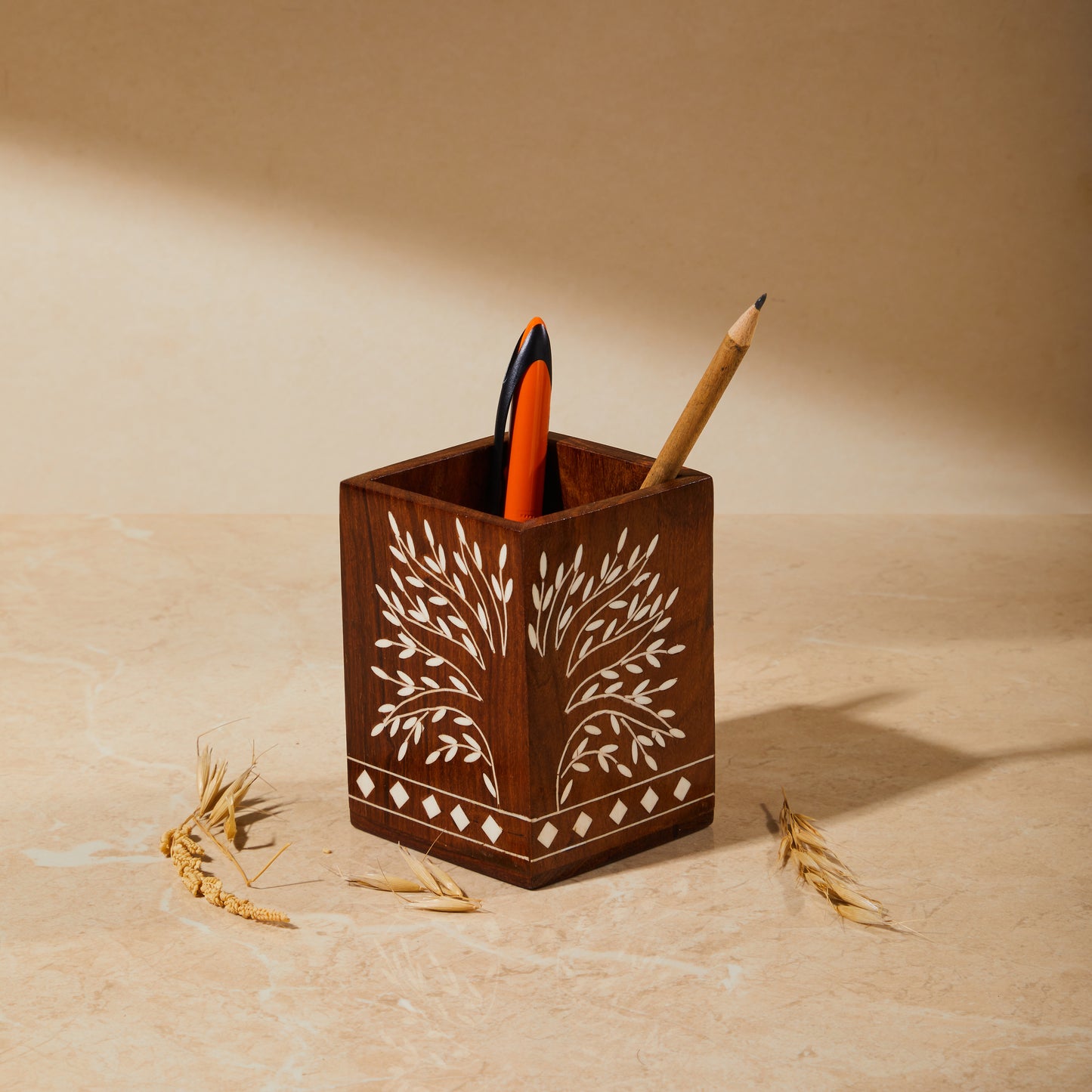 Wooden Inlay Tree of Life Pen Stand